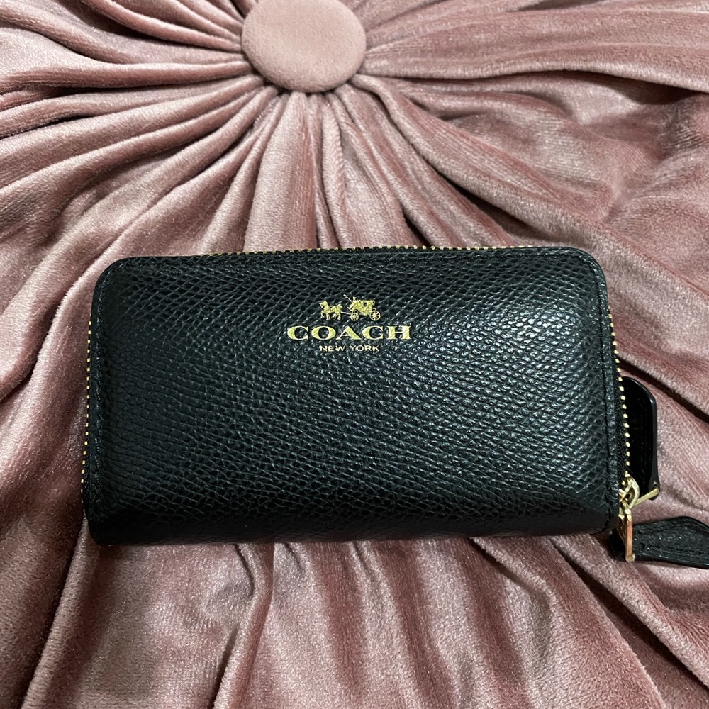 Small coach double zipper card wallet black and gold